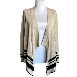 LOFT ANN TAYLOR Linen Blend Loose Knit Striped Open Cardigan Sweater L Tan Black
